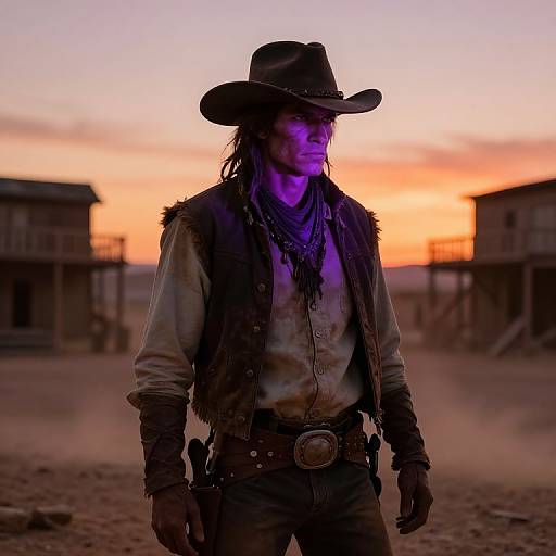 Photograph of a rugged cowboy with purple-tinged face, wearing a black hat, leather vest, and dusty shirt, standing in a sunset-l