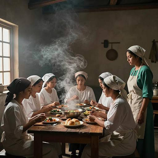 Women Sharing Meal in Rustic Kitchen