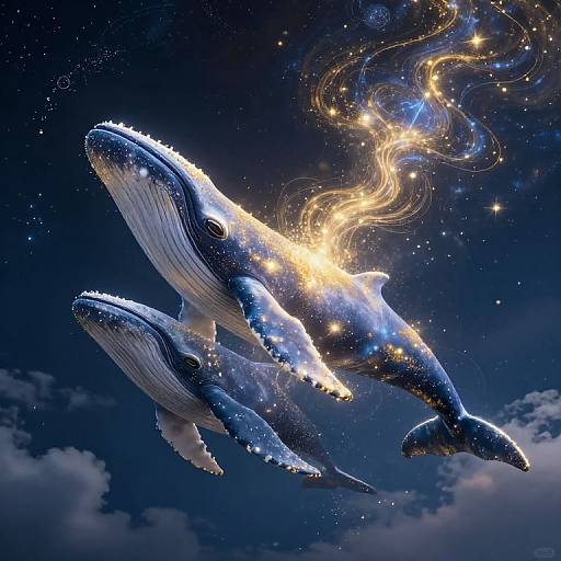 Photorealistic digital art of two glowing blue whales with star-like light trails emerging from their bodies, flying in a night sky with twinkling stars and