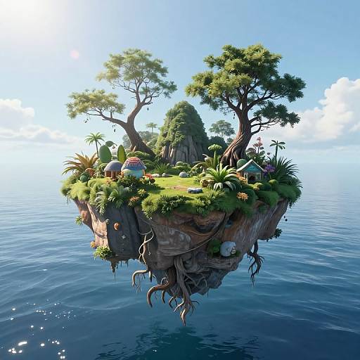 Floating island with lush greenery, trees, colorful mushrooms, and tiny houses over calm blue ocean under clear sky. Fantasy CGI artwork.