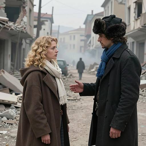 Two people in war-torn city street