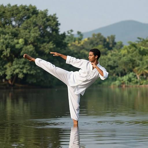 Photograph of a muscular Black man in a white martial arts uniform performing a high kick in a serene, reflective lake, surrounded by lush green trees and