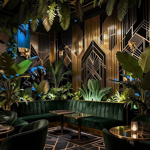 Photograph of a luxurious, dimly-lit lounge with green velvet couches, illuminated gold-patterned walls, large potted plants, and blue