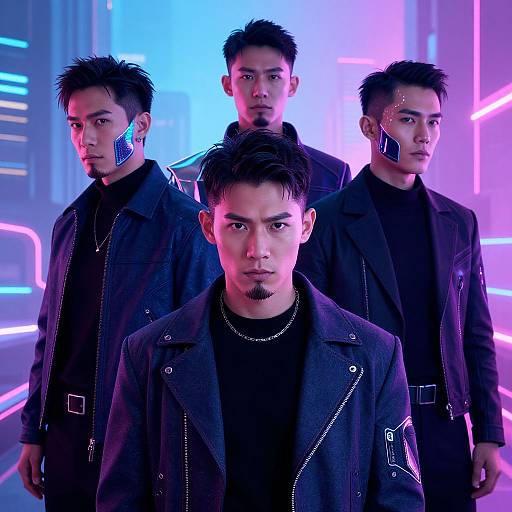 Photograph of four Asian men with spiky hair, neon face markings, black leather jackets, and serious expressions, standing in a futuristic, neon-l