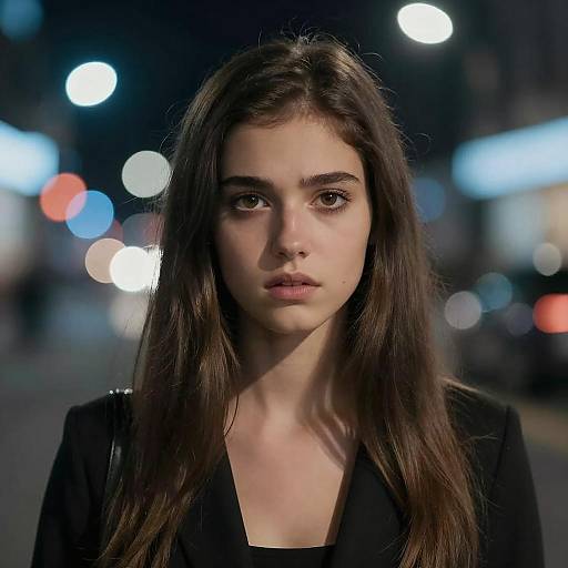 Photograph of a young woman with long brown hair, fair skin, and serious expression, standing in a night city street with blurred colorful lights in the