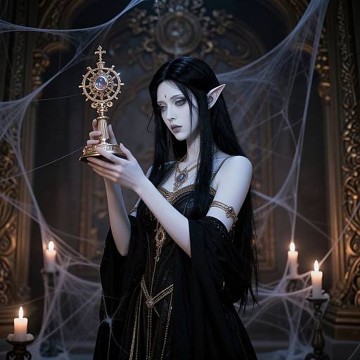 Digital artwork of a pale, elf-like woman with long black hair, wearing a black, gold-trimmed dress, holding a gold orb, in