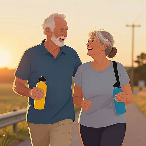 Photograph of an elderly white couple with short gray hair, smiling and walking on a sunset path, each holding a water bottle.