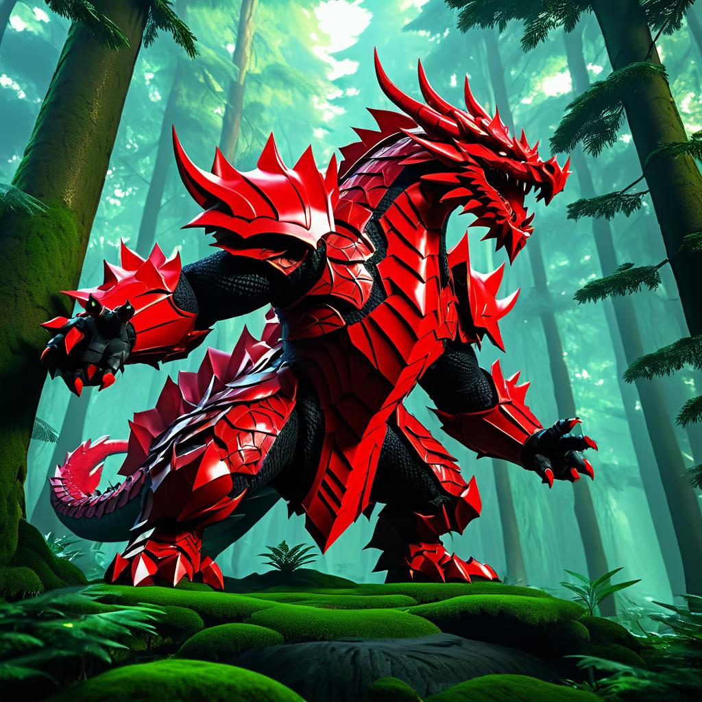 Giant Armored Red Dragon in Mystic Forest