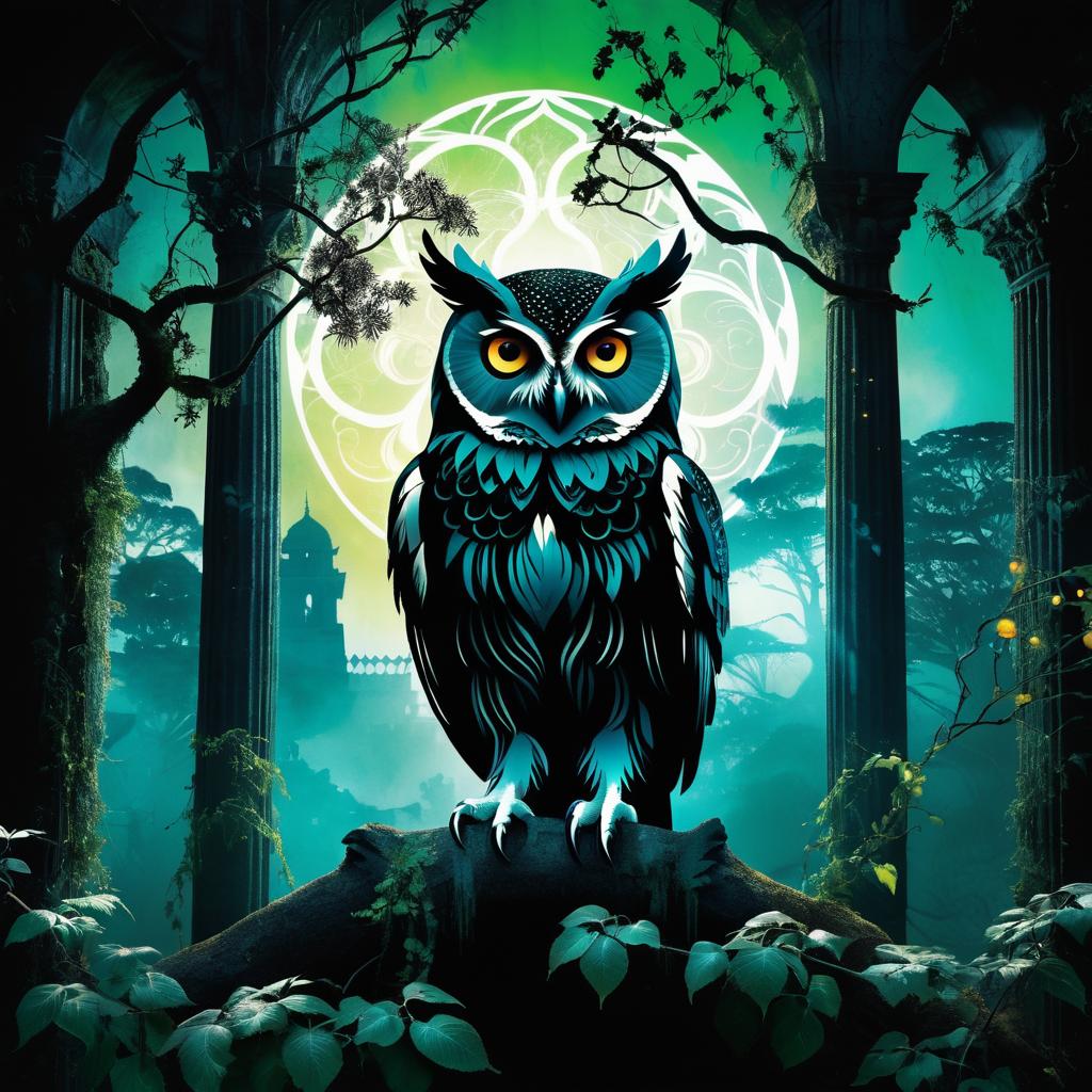 Mystical Owl and Temple Double Exposure Art