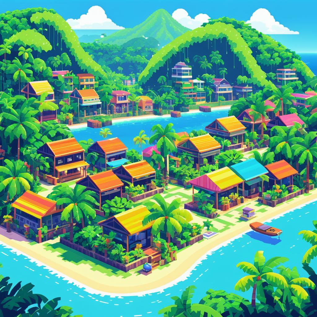 Vibrant Pixel Art of a Tropical Port Town