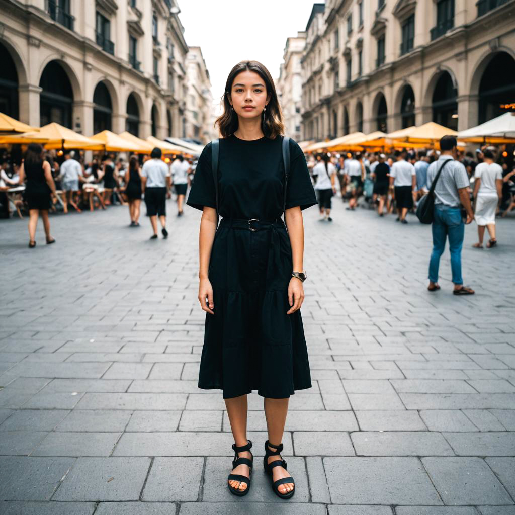 Young Woman in Black Sandals in City Square