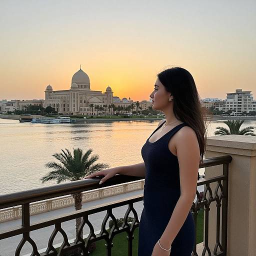 Photograph of a woman in a sleeveless black dress standing on a balcony at sunset, overlooking a city with a domed building and palm trees by