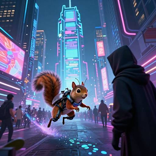 CGI image of a futuristic city at night with neon lights. A flying, armored squirrel with large eyes and antennae leaps through a busy, illuminated