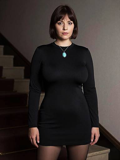 Photograph of a confident woman with short brown hair, wearing a tight black long-sleeve dress, blue pendant necklace, and black stockings, standing