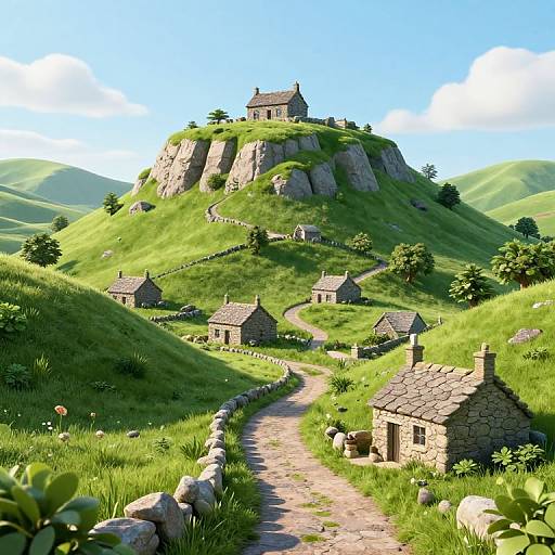 Digital illustration of a whimsical village on a grassy hill, featuring stone cottages, a central chapel, winding path, and bright blue sky.