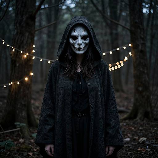 Photograph of a person with a white, skull-like face wearing a black hooded cloak, standing in a dark, eerie forest with string lights glowing
