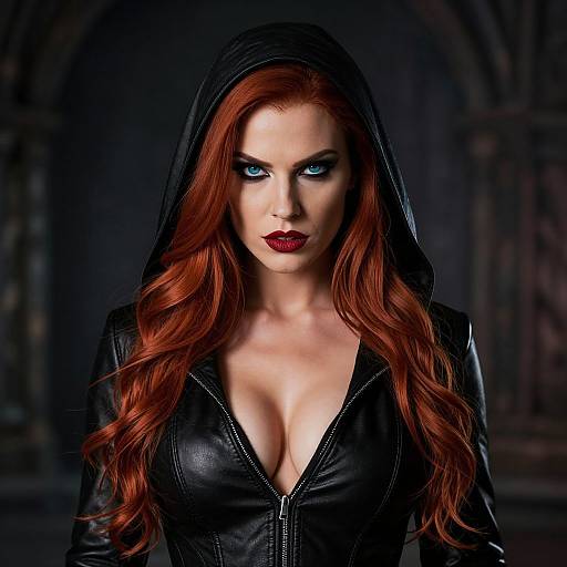 Photograph of a fierce, red-haired woman with striking blue eyes, wearing a black leather hooded jacket, deep V-neck, and red lipstick,