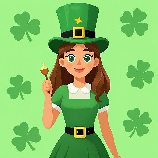 Cartoon-style illustration of a smiling, green-eyed girl with brown hair in a green dress and top hat, holding a shamrock on a light green