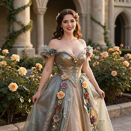 Photograph of a smiling woman with wavy brown hair, wearing an ornate, off-shoulder, floral-embellished, teal and