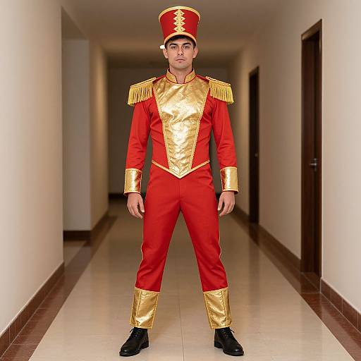 Photograph of a young man standing in a hallway, wearing a red and gold military-style costume with epaulettes, gold trim, and a