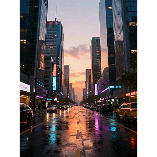 Photograph of a rainy urban street at sunset, featuring reflections of neon lights on wet pavement, surrounded by tall skyscrapers.