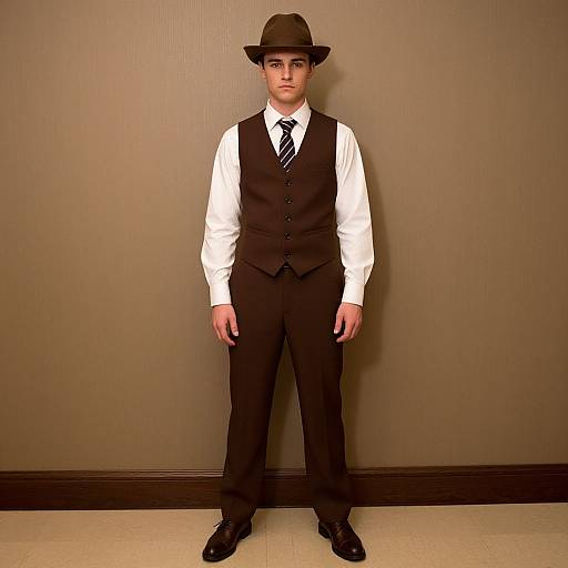 Photograph of a young man in a white dress shirt, black vest, black tie, black pants, and brown fedora, standing against a beige