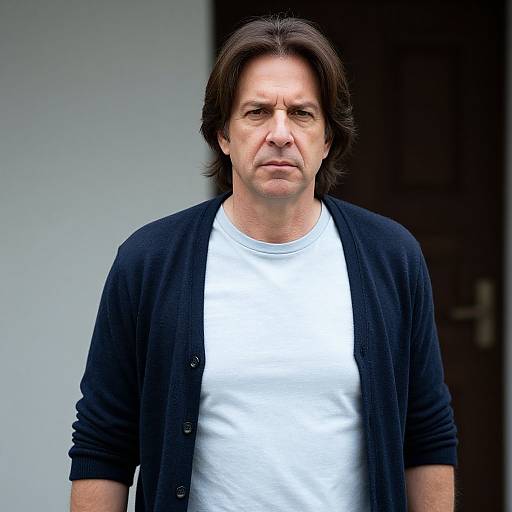 Photograph of middle-aged man with medium-length brown hair, serious expression, wearing white t-shirt and black cardigan, standing in front of a light