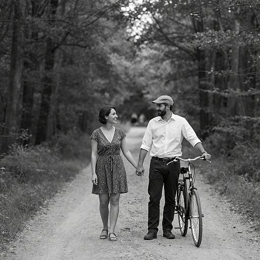 Couple Walking on Forest Path with Bicycle