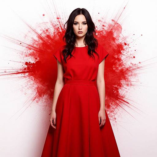 Photograph of a pale-skinned woman with long black hair, wearing a vivid red dress, standing against a white background with a splatter of red