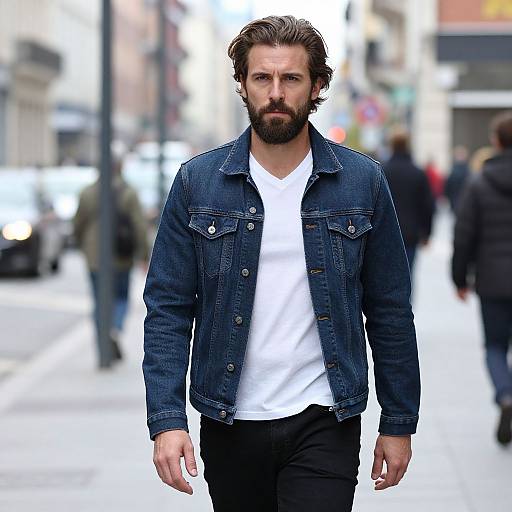 Photograph of a rugged, bearded man with medium-length brown hair, wearing a blue denim jacket and white t-shirt, walking down a busy urban