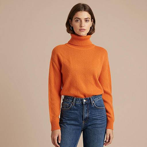 Young Woman in Orange Turtleneck and Blue Jeans