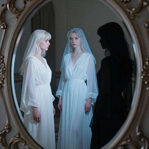 Photograph of two pale women with blue veils, wearing white, flowing gowns, standing before an ornate, oval mirror, casting dark shadows