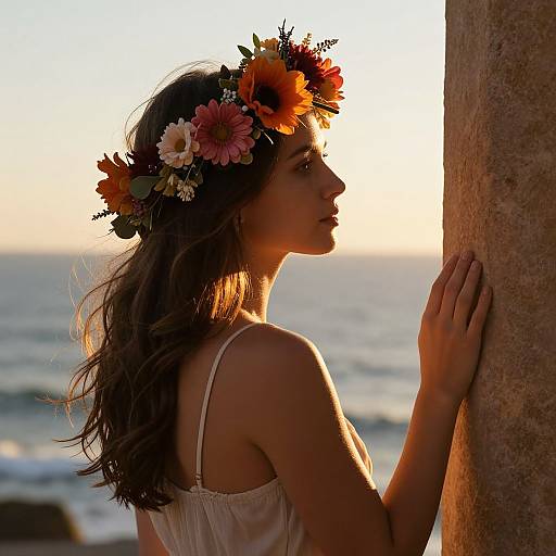 Woman with Floral Crown by the Sea