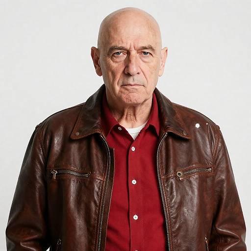 Serious Bald Man in Leather Jacket