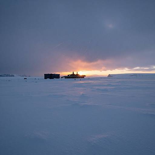 Photograph of a snowy, icy landscape at sunset, with dark silhouetted buildings and a glowing orange horizon under a cloudy sky.
