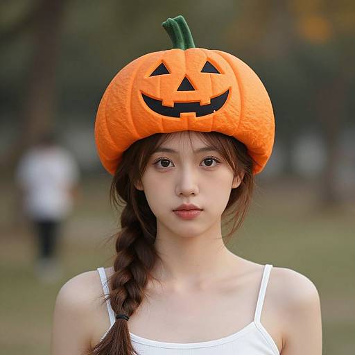 Photograph of an Asian woman with fair skin, brown eyes, and long braided hair, wearing a bright orange pumpkin hat and white tank top,