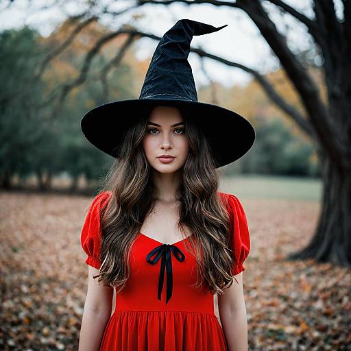 Young Woman in Witch Hat and Red Dress Outdoors