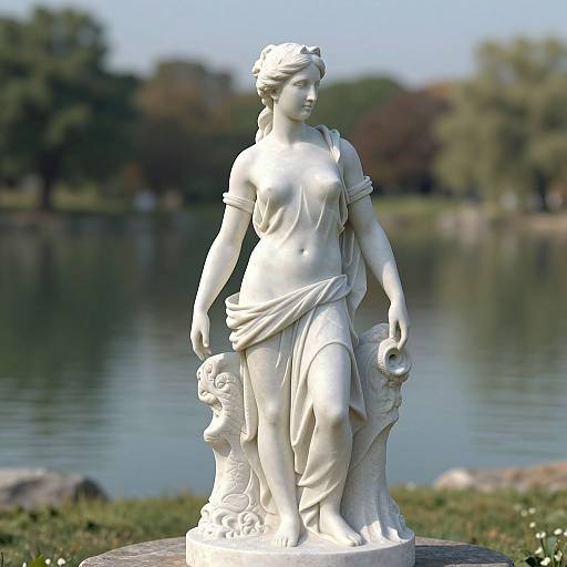 Photograph of a white classical marble statue of a nude, draped woman with flowing hair, holding a scroll, standing by a serene lake with blurred trees