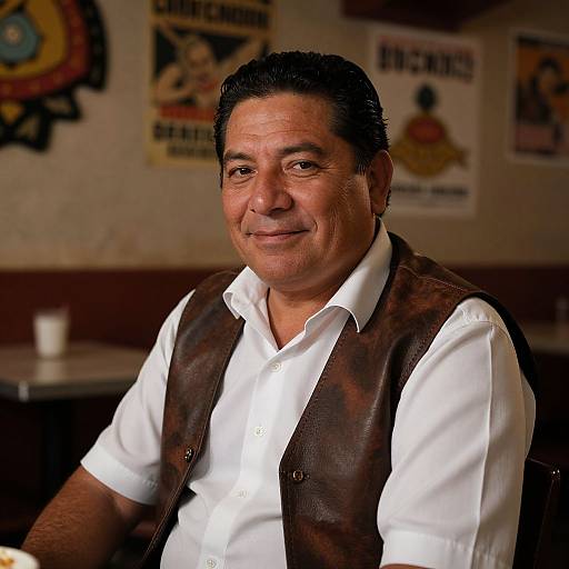 Photograph of a middle-aged man with dark hair, wearing a white shirt and brown leather vest, smiling in a dimly lit room with vintage posters