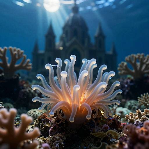 Glowing Coral Reef Anemone Under Moonlit Ocean