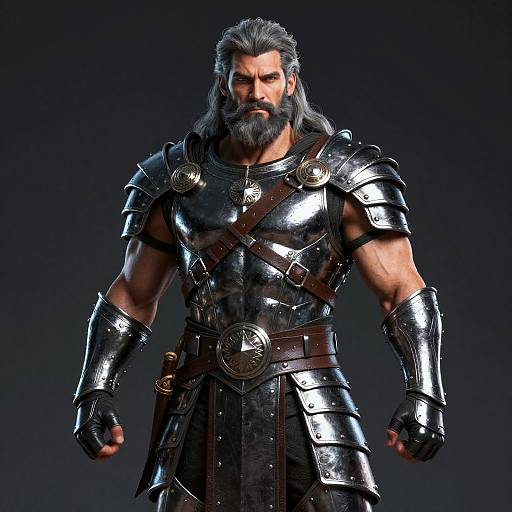 CGI image of a muscular, bearded man with long gray hair in shiny black medieval armor, dark background, intense expression.