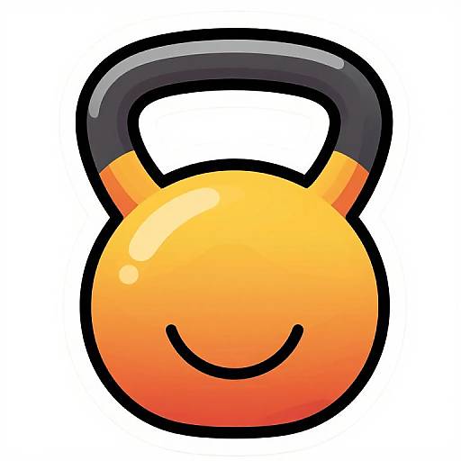 Cartoon-style digital drawing of a bright orange kettlebell with a black handle, smiling face, and white highlights, set against a plain white background.