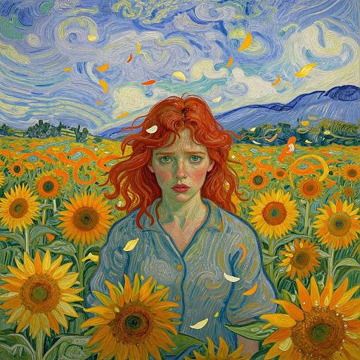 Vivid digital painting of a red-haired woman in a sunflower field under a swirling blue sky, wearing a blue shirt.