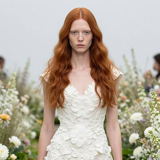 Photograph of a fair-skinned woman with long, wavy red hair, wearing a white floral dress, standing in a blurred garden with colorful flowers