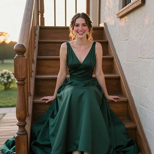 Photograph of a smiling woman with wavy brown hair, wearing a deep green, V-neck, satin gown, seated on wooden stairs at sunset.