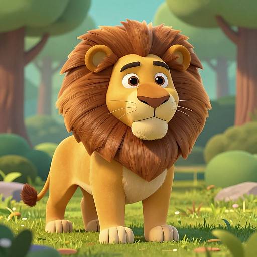 3D Cartoon Lion in Forest Clearing