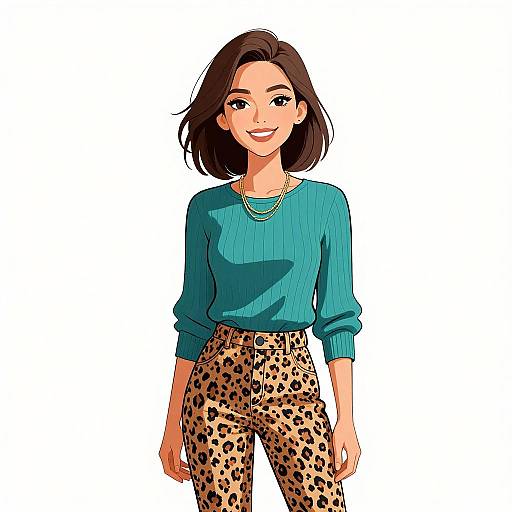 Digital illustration of a smiling woman with medium-length brown hair, wearing a teal sweater, leopard print pants, and layered necklaces, standing against a white