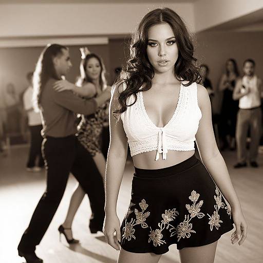 Photograph of a confident brunette woman with long curls, wearing a white crocheted crop top and black floral shorts, walking on a dance floor with