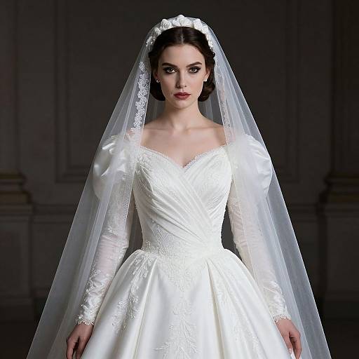 Photograph of a fair-skinned, dark-haired woman in a white, long-sleeve, V-neck wedding dress with lace details and a sheer