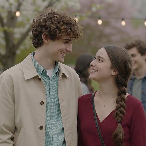 Photograph of a curly-haired young man in a beige coat and blue check shirt, smiling at a brunette woman with a braid, wearing a red